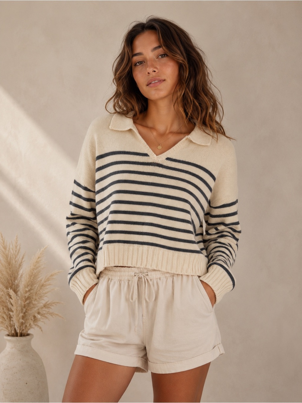Rylee + Cru Striped V-Neck Collared Sweater - Cream & Navy